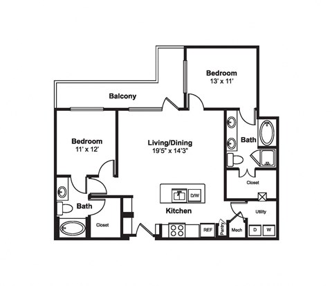 Floor plan for 2 beds, 2 baths, 1141 sqft